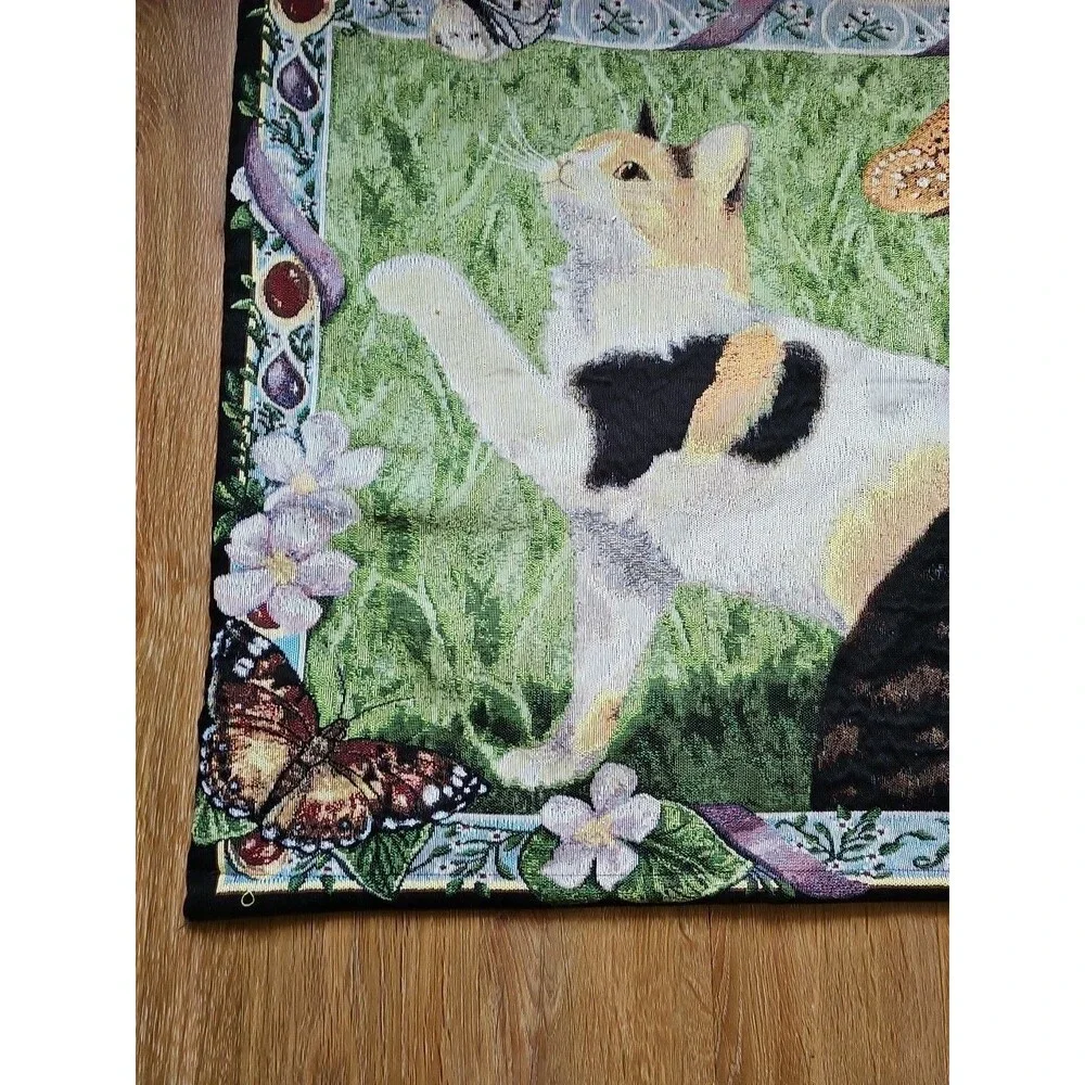 Vintage Cat Tapestry Wall Hanging 35x28. Cats, Butterflies And Flowers.
